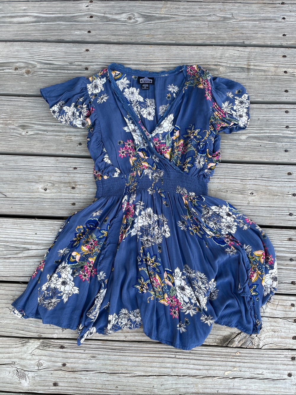 Angie Blue Floral Midi Dress with White and Pink Accents